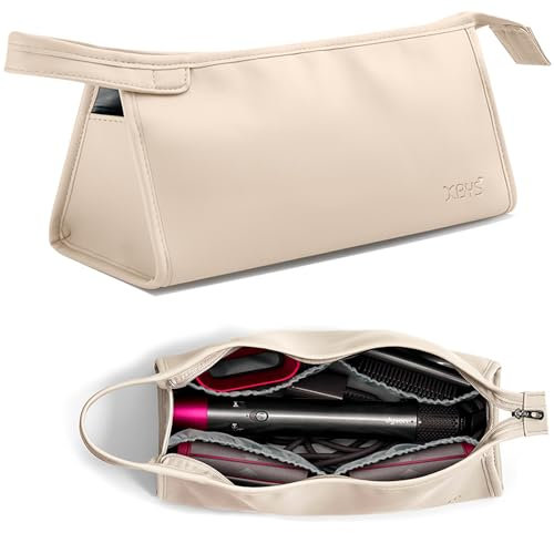 Veki Portable Travel Storage Bag Compatible with Dyson Supersonic Hair Dryer, PU Leather Protective Carrying Case for Dyson Airwrap Styler, Travel Organiser Bag for Hair Curler Accessories (Beige)