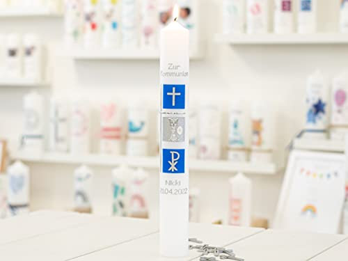 meinkerzenshop Kommunionkerze Nicki personalisiert mit Name und Datum, individuell und mit Echtwachs handverziert für Junge und Mädchen