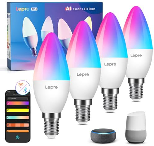 Lepro AI Smart Bulb E14, Music Sync WiFi Bulb, Voice Control Screw Blub, Color Changing Light Bulbs, Work with Alexa & Google Assistant, Personalized AI Lighting Designer, 4 Packs