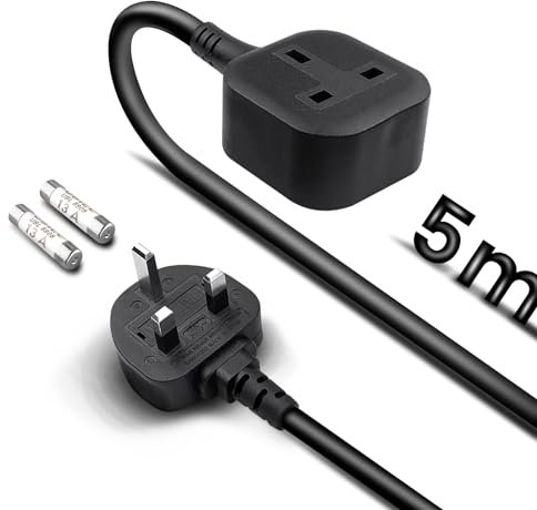 Single Plug Extension Lead 5m, 1 Gang Socket Surge Protected with 2 Replacement Fuses, 13amp 3kw 230V for Tumble Dryer, Black