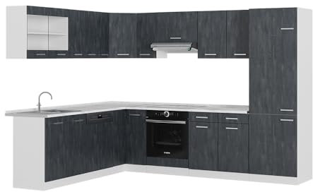 Vicco Eckküche R-Line, Küchenzeile in L-Form, Schwarz Beton/Weiß, 227 x 287 cm AP Anthrazit