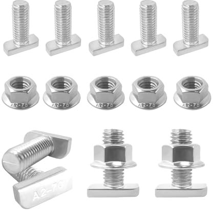 SyiXute 20 Pièces Vis à Tête de Marteau,Boulon Marteau M10 x 25 En Acier Inoxydable A2-70,Vis à Tête En T avec 20 Écrous à Bride pour Rails de Montage Solaires PV,Serre et Photovoltaïque