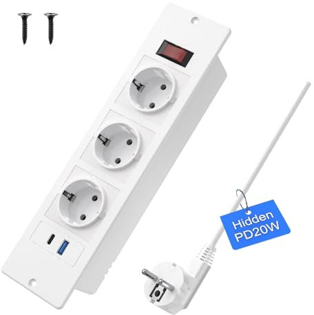 Tischplatte Versenkte Steckdose mit USB C 20W, 3-Fach Einbau Steckdosenleiste mit 2m Kabel, Tischsteckdose Mehrfachsteckdose für Möbel oder Arbeitsflächen (Weiß)