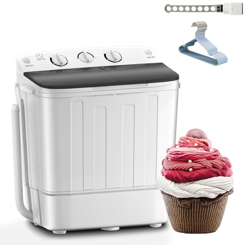 Erivess Compact Portable Mini Twin Tub 18lbs Washing Machine, Get Dry Rack and 10 hangers for free! Washer and Spin Cycle Combo, for Camping, Apartments, Dorms, RVs(Black)