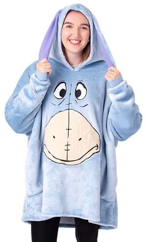 Disney Bourriquet Femmes Couverture Portable Sweat à Capuche | Pull à Capuche Bleu pour Adultes avec Visage de Personnage d’âne | Vêtements de détente doublés Sherpa pour Dames