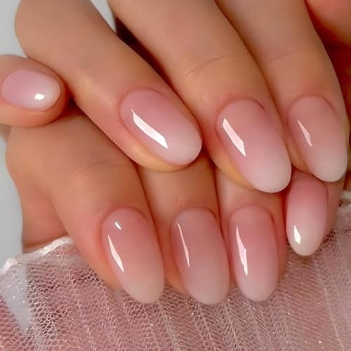 SXVME Ombre French False Nails Short Oval, Gradient Pink Full Cover Fake Nails Almond, 24pcs Set of 24 Glossy Acrylic Gel Press On Nails for Women Daily Wear