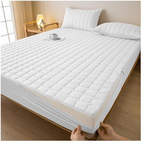 Yekuhe Coprimaterasso Matrimoniale con Cerniera 160x190/180x200 Copri Proteggi Materasso Imbottito, Singolo Proteggi Materasso con Angoli Letto Traspirante Lenzuolo Lavabile(White,150x200+20cm)