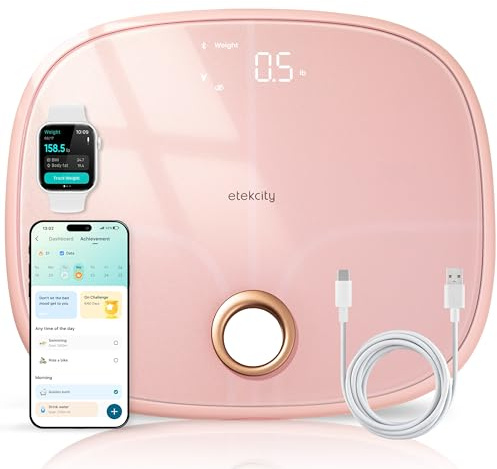 Etekcity Smart Rechargeable Scale for Body Weight, BMI, Fat, Muscle Mass, Digital Bathroom Scale with 13 Metrics, Secret Mode, Bluetooth Connect to Free Apps, Cotton Candy Pink
