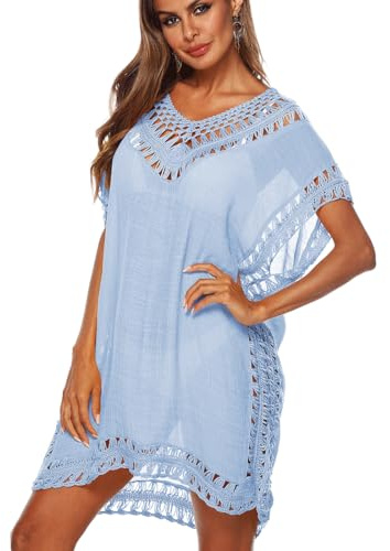 Mujer Kaftan Maxi Largo Vestido de Playa Bohemio Traje de Baño Cubrir Cover Ups Verano Pareos V Cuello Vestidos de Playa Mujer Camisolas de Playa Bikini Cover Up Camisas