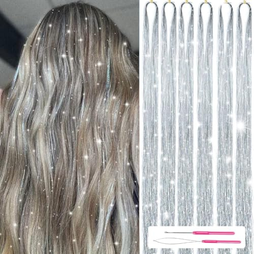 CharmeFleur Kit d'éclat de cheveux avec outils 122cm 1200 fils Tinsel cheveux étincelants brillants Kit de fils résistant à la chaleur pour femmes filles 6 pièces (Argent)