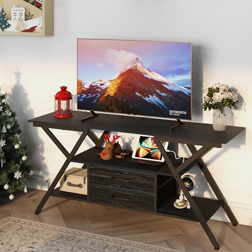 Trironsun Supporto TV rustico da 55 pollici per TV fino a 65 pollici console TV con presa di corrente e luce LED mobile TV 2 cassetti portaoggetti in tessuto centro intrattenimento per camera da letto