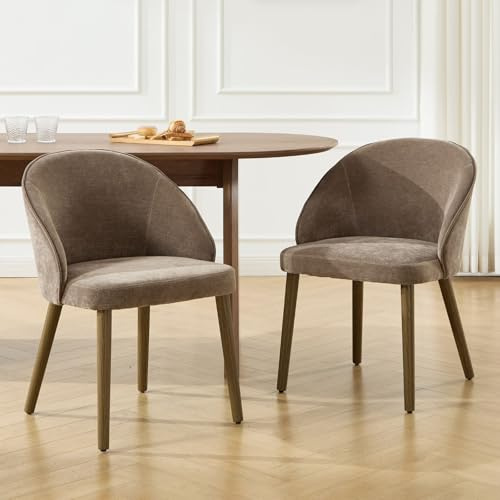Ya-Home Dining Chairs Set of 2 Modern Chenille Comfortable Padded Kitchen Leisure Chairs with Wooden Legs for Dining Room/Restaurant, Brown