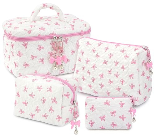 Mulaibdin 4 st kosmetikväska necessär dam, sminkväska resa quiltad, makeup väska set rosett, bärbar sminkväska flickor tonåringar, sminkväska som present, Rosa + vit, estetisk