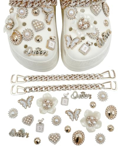22 Stück Schuhanhänger Krokodil Strass Schuhschmuck Schuhschmuck Set DIY Krokodil Schuhe Zubehör Set Schmetterling Herzen Blumen Goldkette für Geschenke von