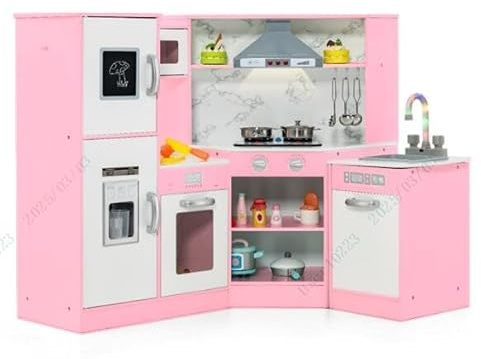 GOPLUS Cocina de Juguete con Pizarra, Campana, Microondas, Horno, Cocinita Infantil de Madera con Efectos de Luz y Sonido, Ricos Accesorios, para Niños de 3+ Años (Rosa)