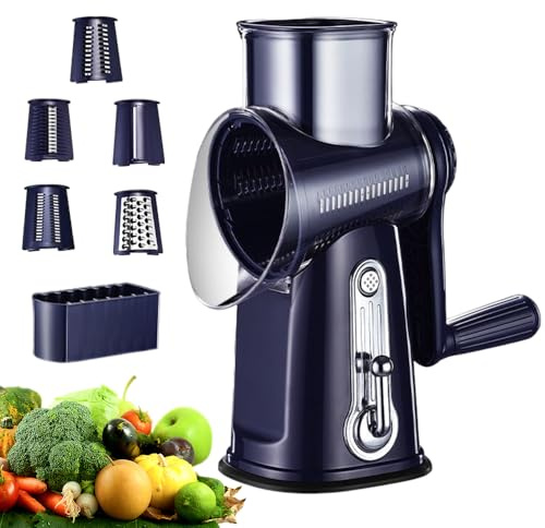 Rallador giratorio de queso, cortador redondo de mandolina, triturador de mano con 5 cuchillas, molinillo manual de cocina de velocidad de nogal para patatas, zanahorias, verduras, nueces, calabacín