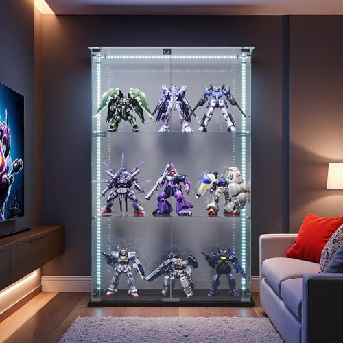 Julyue Stående glasvitrinskåp med LED, vitrinskåp med 3 lager vitrinskåp och 2 dörrar av härdat glas, vitrinskåp för vardagsrum, kontor, sovrum (svart + LED-B, 78,5 x 35 x 123,3 cm)