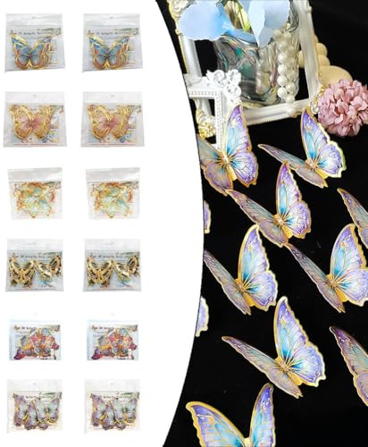 Eawfgtuw Lot de 24 autocollants muraux élégants en forme de papillon 3D avec bordure dorée, décalcomanies décoratives amovibles en PVC pour mariages, fêtes et décoration d'intérieur (PY3027-YJ)