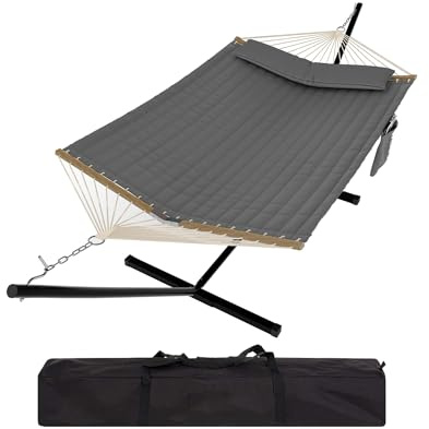 Garvee Hamaca para 2 Personas con Soporte Metálico y Barra de Madera Resistente - Acolchada y Antidesgarro - Portátil para Jardín, Patio o Playa - Gris Oscuro