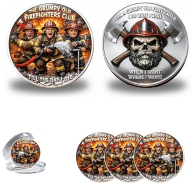 Moneda conmemorativa The Grumpy Old Firefighters Club, recuerdo con diseño de calavera y hachas, regalo de agradecimiento para bomberos jubilados, papá y hermandad de veteranos (3 piezas)