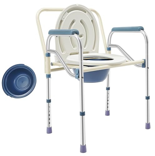 Toilettenstuhl, Duschstuhl bis 150 kg, Faltbar, Höhenverstellbarer mit Armlehne – Inkl. Toilettenhilfe und Nachttopf, Ideal für Senioren, Schwangere, Behinderte, Kinder