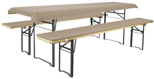 Brandsseller Set Birreria 3 Pezzi – 2 Cuscini Imbottiti per Panche 220x25 cm e 1 Tovaglia 240x90 cm – Ideale per Sagre, Giardino, Feste all’Aperto – Beige
