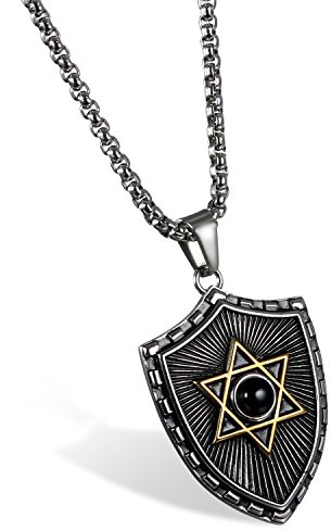 JewelryWe Smycken retro män halsband, rostfritt stål agat skylt glad judisk Davidsstjärna hänge med 60 cm kedja, blå/svart guld silver, Rostfritt stål, ingen ädelsten