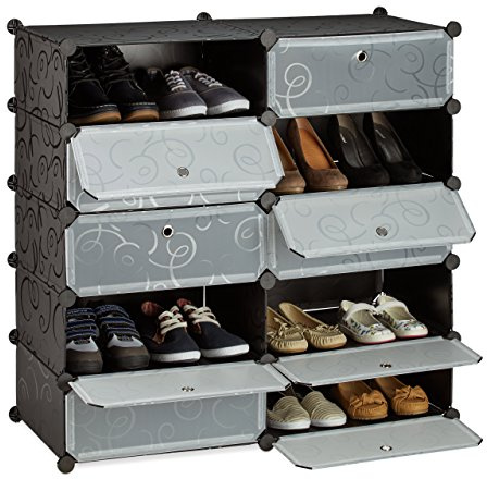 Relaxdays Schuhschrank mit 10 Fächern, Schuhregal groß, schwarz | Steckregal Kunststoff, DIY, HxBxT ca. 90 x 94 x 37 cm