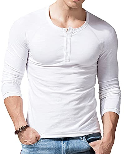 Uomo Slub Henley Maglie a Manica Lunga Corta Leggero vestibilità Morbida Casuale con 3 Pulsanti abbottonatura Girocollo Camicie 9308 Bianca L