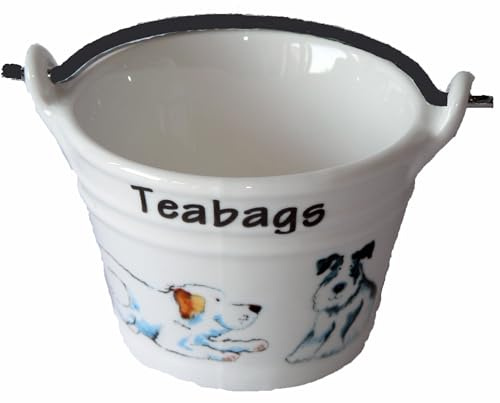 crackinchina Dog teabag tidy, porcelain bucket shaped teabag tidy with different dogs on each side (SMALL)