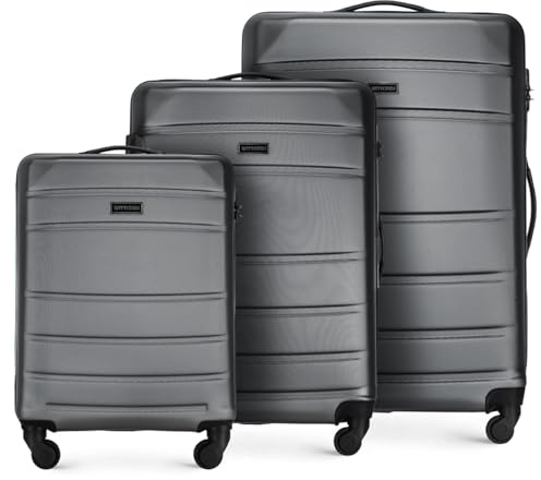 WITTCHEN Globe Line Reisekoffer 3teiliges Kofferset Rollkoffer Trolley Handgepäck Hartschale aus ABS 4 Rollen Zahlenschloss Teleskopgriff Grau Lufthansa/Eurowings/Ryanair/Condor/DiscoverAirlines
