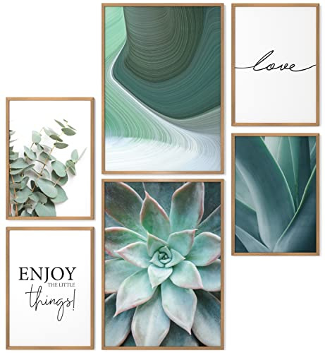 Papierschmiede® Mood Poster Set Green Love, Fertiges Bilder Set mit Rahmen (Holz, Natur), Wohnzimmer Deko Schlafzimmer, 2x DIN A3 und 4x DIN A4, Eukalyptus Agave Aloe Vera Grün