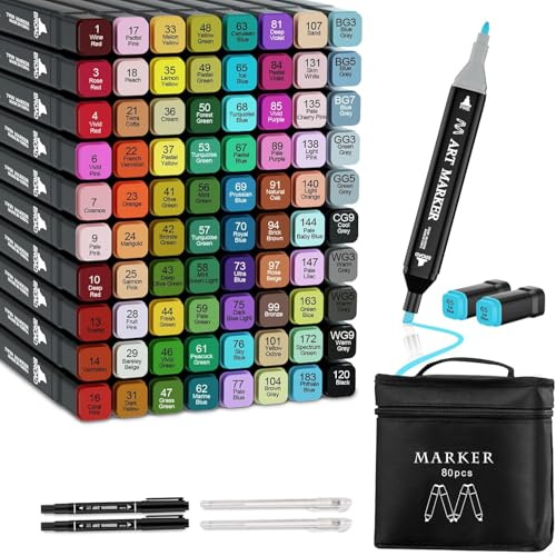 Banral 80 färger markörer – filtpennor set – permanent markörpenna med dubbelspets pennor snabbtorkande filtpennor med bärväska förvaringsbas för nybörjare, markera, skissa, rita, manga (80 färger)