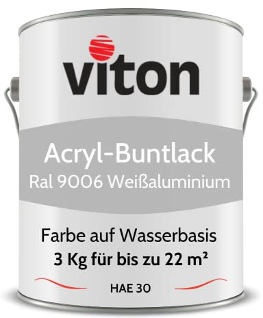 Viton Buntlack 3 Kg Silber - Seidenmatt - Wetterfest für Außen und Innen - 3in1 Grundierung & Lack - HAE 30 - Farbe auf Wasserbasis für Holz, Metall & Fliesen - RAL 9006 Weißaluminium