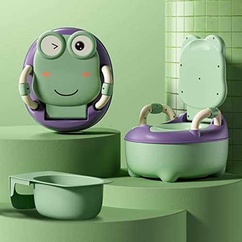 Aufun Kinder Töpfchen, Baby Toilette Toilettensitz, Baby Potty, Toilettentrainer mit Griffe für Kleinkinder, weiches PU-Kissen, Babytopf Anti-Spritzschutz, Cartoon Deckel (Grün)