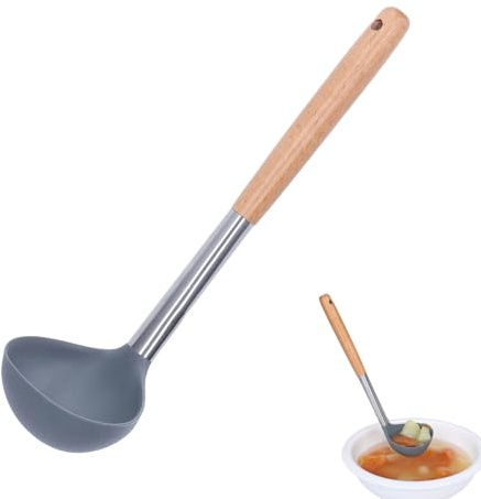 Soup Ladle, Heat-Resistant Silicone Large Soup Spoon, Serving Spoon | Nonstick, Wooden Handle, Scratch-free, ideal for soups, stews, sauces, casseroles; comfortable grip, dishwasher safe