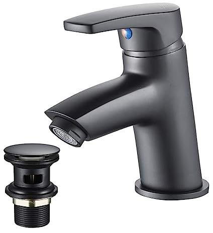 Luckyhome Black Basin Mixer Tap with Pop up Waste,Hot and Cold Single Lever Basin Sink Mixer Tap