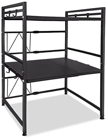 VA-Cerulean Scaffali a microonde, scaffale da cucina a 3 stadi espandibile con 8 ganci, piatti da lavoro in cucina per tostapane, bollitore, bottiglia di spezie, nero