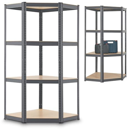 Juskys Eckregal Lageregal Corner Easy 160 x 75 x 40-75 cm - 320 kg, 4 Böden MDF Holz - Metall verzinkt - Schwerlastregal Steckregal Kellerregal Grau