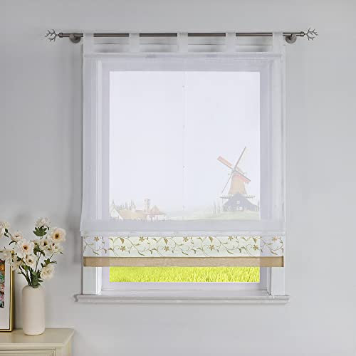 CORLIF Raffrollo mit Blumenmuster Bestickte Raffgardine Küche Modern Schlaufenrollo Leinenoptik Transparente Rollo Kurz Fenster Schal Landhaus mit Schlaufen B/H 140/150 cm Sand
