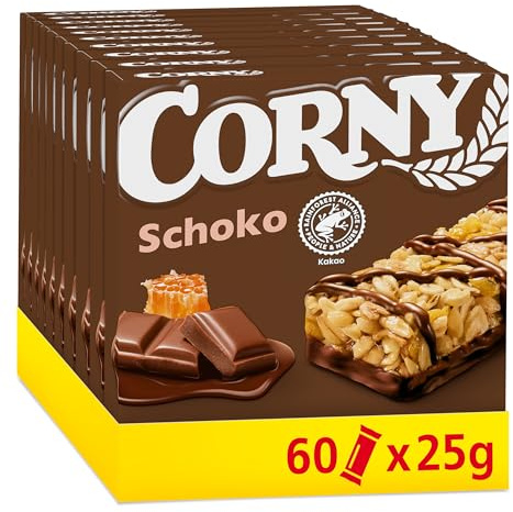 Corny Classic Schoko, Müsliriegel mit Schokolade, 60 x 25g | Super Snack für Schule, Büro, Freizeit & zwischendurch| Wertvolles Getreide | Ohne Farb- & Konservierungsstoffe | Vorratspack