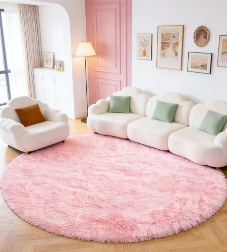 ROHATIM Teppich Wohnzimmer Rund 200 cm Rosa Waschbar Rutschfester Runder Hochflorteppich Kinderzimmer Schlafzimmer Flauschig