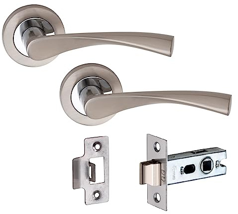 Golden Grace Astrid Door Handles, Duo Finish Satin Nickel Polished Chrome | Includes 2.5-inch tubular latch with a 52mm round rose, rigorously tested to withstand heavy daily use on high-traffic doors