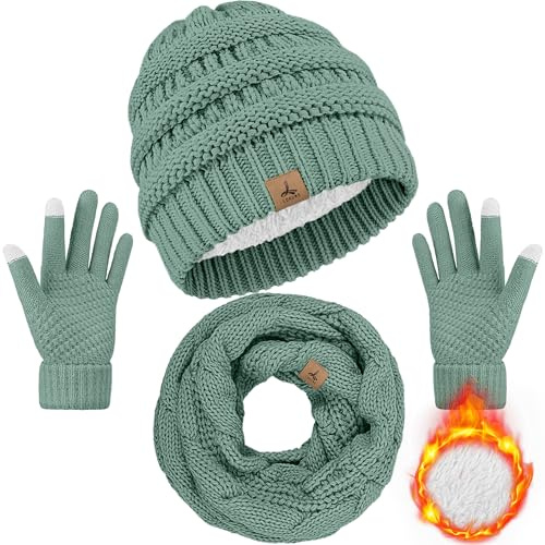 Wintermütze, Schal, Handschuhe, warme Fleece-Strickmütze, Touchscreen-Handschuhe, Halstuch-Set, Wintergeschenke für Unisex-Erwachsene