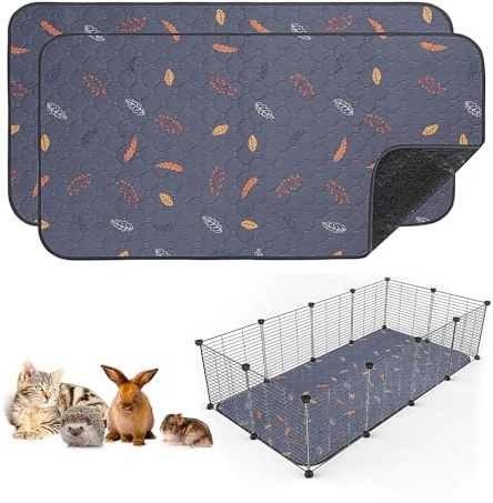 Sunheir 2 Pack Washable Guinea Pig Pee Pads, 24 x 48 Waterproof Reusable Guinea Pig Cage Liners, Absorbent Bedding Training Mat for Small Animal Guinea Pigs Rabbit Bunny Hamster (Leaves - Deep Grey)