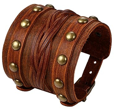 Flongo Bracelet Manchette Cuir Homme,Bracelet de Force Style Gothique Punk Rock,Bracelet Tête de Mort Homme avec Rivet et Bouton,Bracelet Motard Biker Large,Cadeau pour Homme
