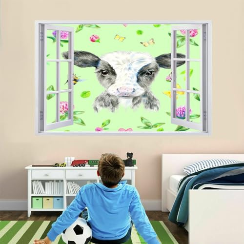 Wall Decal 3D Smashed Art Decor Dairy Cow Wall Tattoo Art Vinyl Wall Stickers Bee Pansy Flower for Girls Kids Bedroom Nursery Living Room Sticker Mural Home Gift 26 W x 18 H