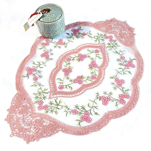 4 Stück Bestickte Tischmatte, Spitzendeckchen Häkeldeckchen 53*37cm Platzsets ovale Tischdecke Untersetzer Tassenmatte Vasenmatte für Heimdekoration Platzdeckchen für Küche,Esszimmer,Tee, Party -Rosa
