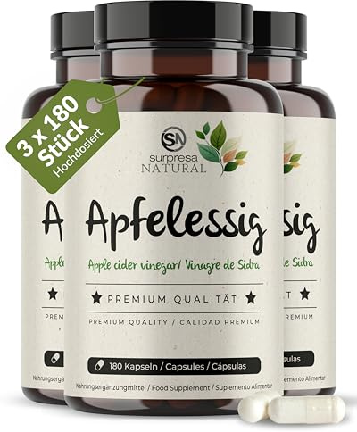 Surpresa Natural Apfelessig Kapseln hochdosiert I 3 x 180 Kapseln I 1000mg Apfelessig pro Tagesdosis I Apfelessig Nahrungsergänzungsmittel vegan & laborgeprüft I Apple cider vinegar