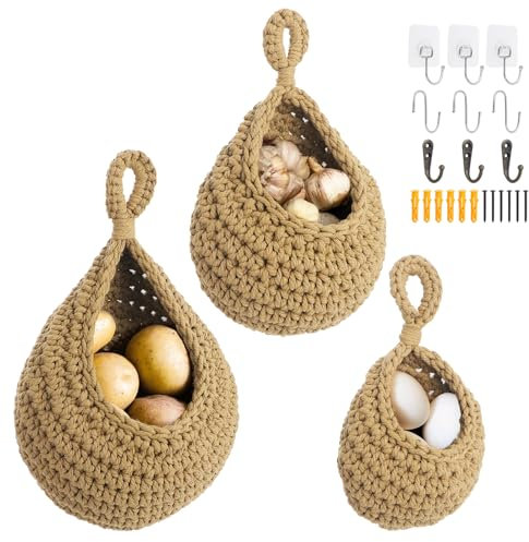 Kyrio 3pcs Hanging Fruit Basket, Hanging Vegetable Basket for Kitchen, Woven Teardrop Hanging Storage Basket, Hanging Wall Basket for Fruit Vegetable Storage (Brown)
